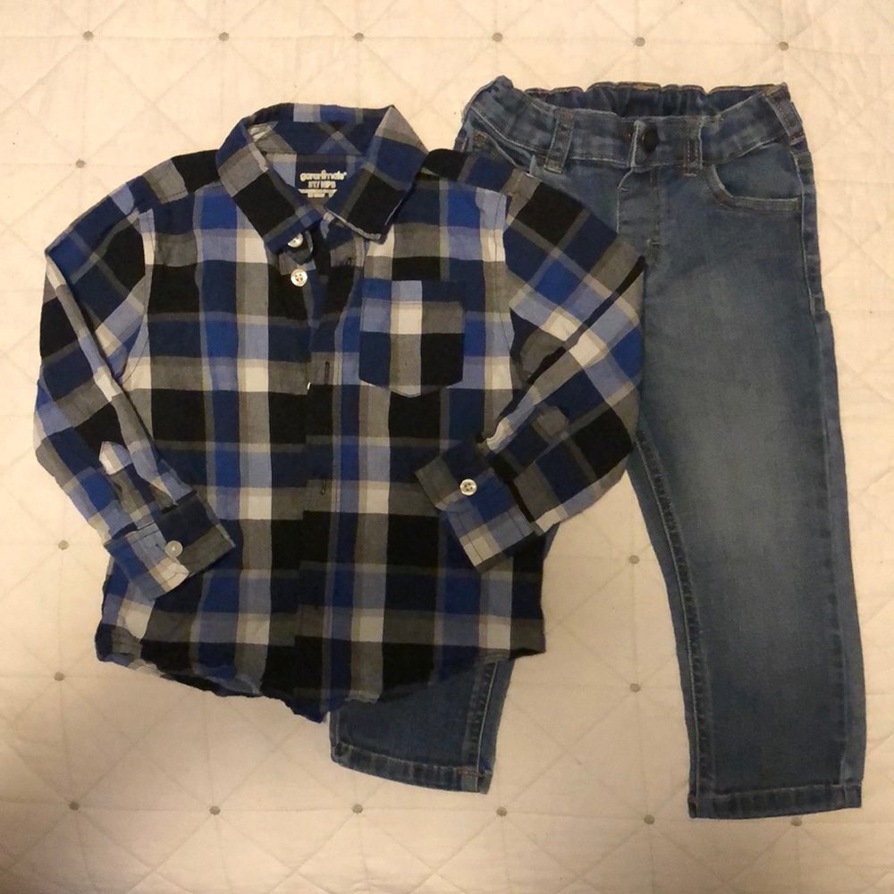 Plaid button-up with med blue colored jeans 3T  FDS
